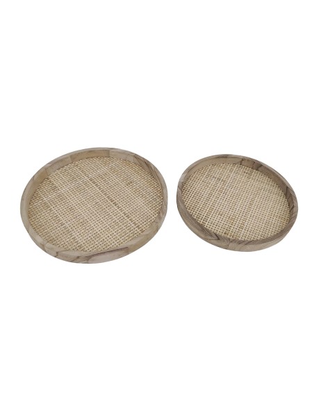 LOT DE 2 PLATEAUX ROND BOIS+ROTIN 28X28X2,5+24X24X2,5 CM