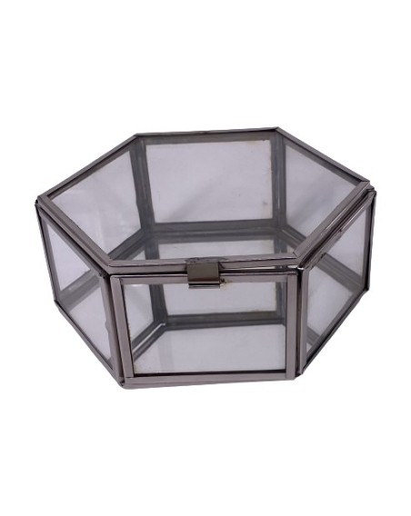 BOITE HEXAGONALE VERRE & METAL 12X11X5CM