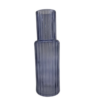 VASE VERRE BLEU LIGNES RELIEF H25CM