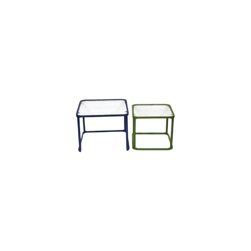 SET 2 TABLES GIGOGNES METAL VERRE STRIE  BLEU/VERT