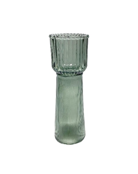 BOUGEOIR/SOLIFLORE EN VERRE STRIE HT 23 DIA 7,5 CM